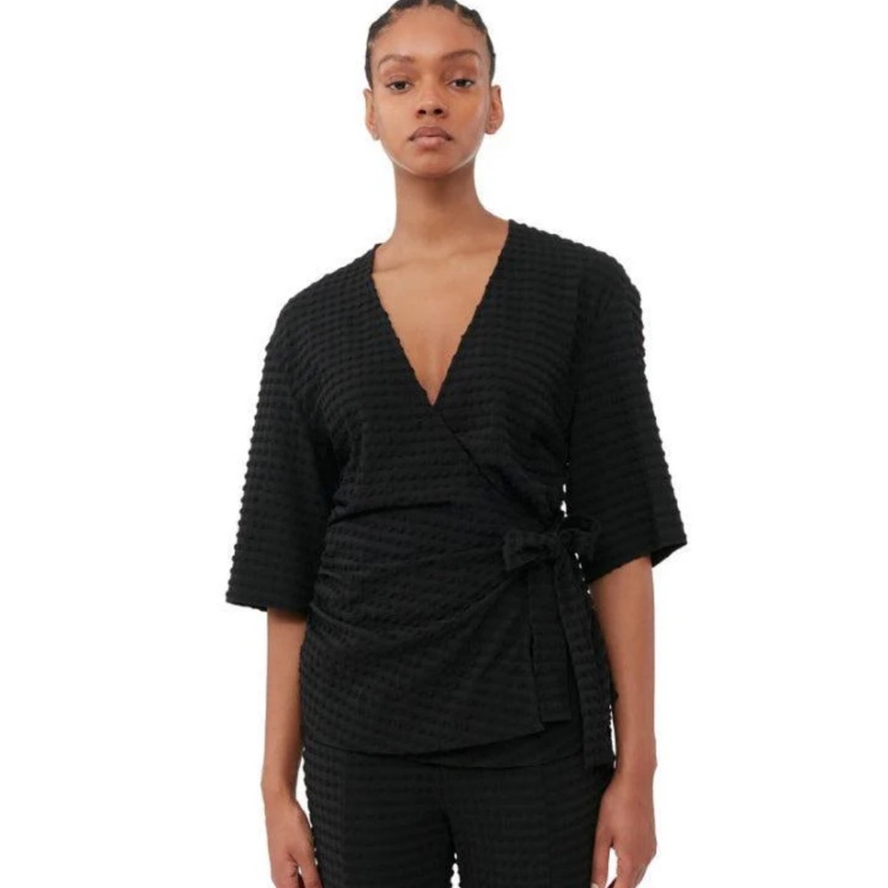 GANNI Stretch Seersucker Wrap Kimono Top